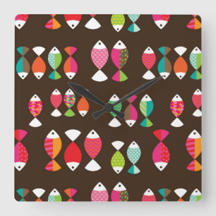 Relógio Quadrado Abstrato retro peixes submarinos 2