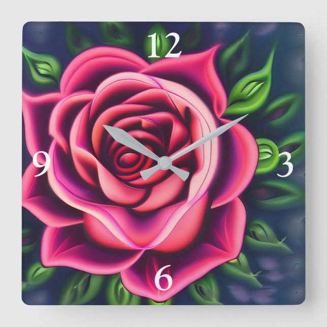 Relógio Quadrado Abstrato Romântico Rosa Bloom (Frente)