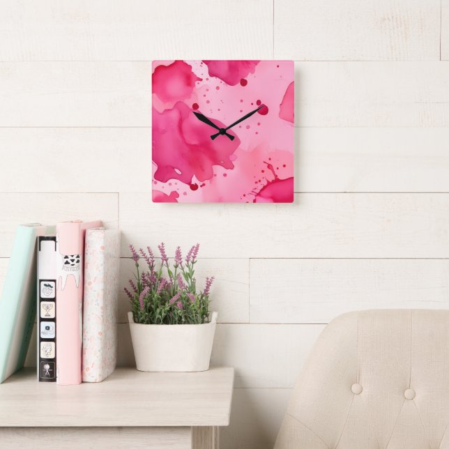 Relógio Quadrado Abstrato Rosa sobre Rosa (Sala de leitura)