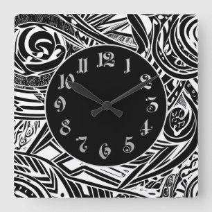 Relógio Quadrado Abstrato Tribal Negro E Branco