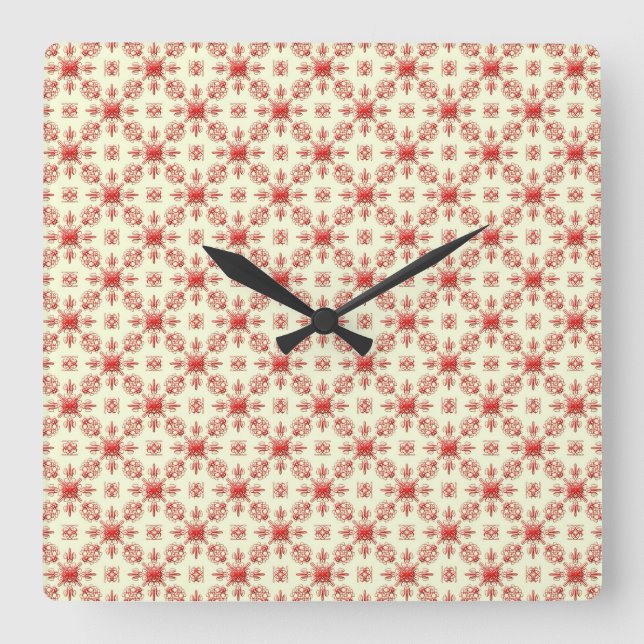 Relógio Quadrado Abstrato vermelho Damask on Creme Square Clock (Frente)