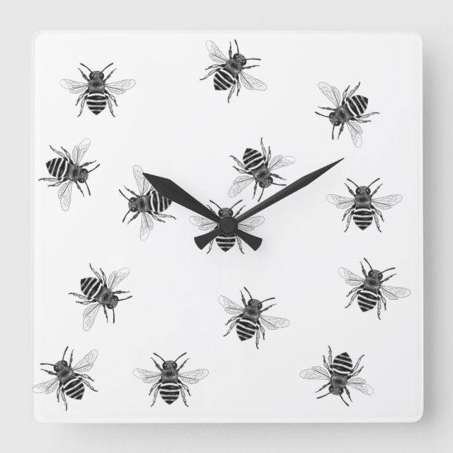 Relógio Quadrado Abstrato Wall Clocks - Fundo Branco das abelhas (Frente)