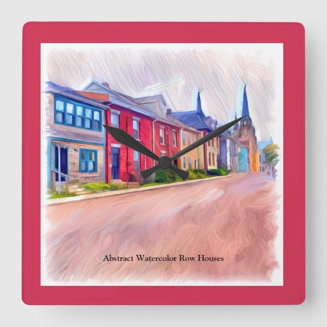 Relógio Quadrado Abstrato Watercolor Row Houses (Frente)