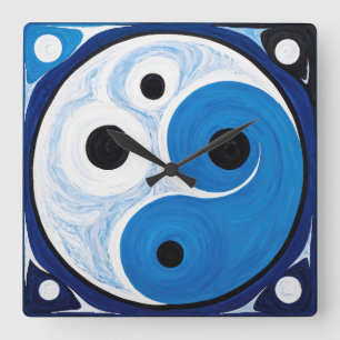 Relógio Quadrado Abstrato Yin Yang: Modernista Azul e Branco
