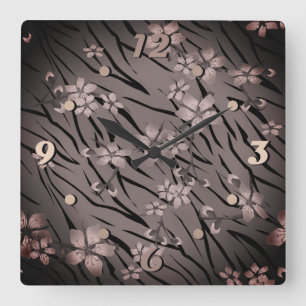 Relógio Quadrado Abstrato zebra, couro de tigre, flores em flor