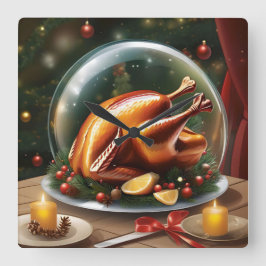 Relógio Quadrado Ação de Graças e peru de Natal sob cúpula de vidro