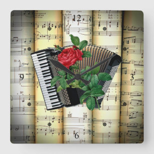 Relógio Quadrado Accordion & Rosa ~ Rolled Sheet Music ~