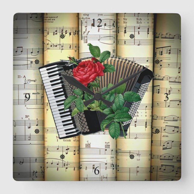 Relógio Quadrado Accordion & Rosa ~ Rolled Sheet Music ~ (Frente)