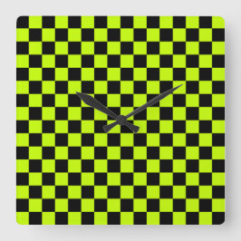 Relógio Quadrado Acid green black checkerboard pattern