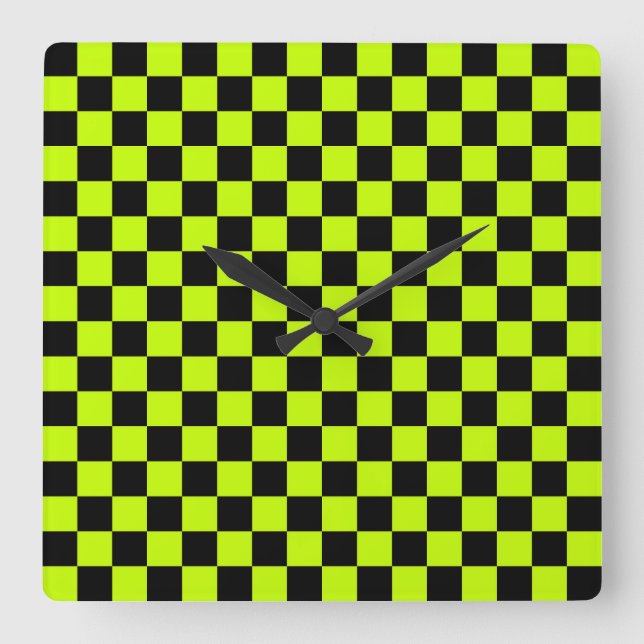 Relógio Quadrado Acid green black checkerboard pattern (Frente)
