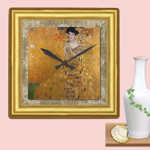 Relógio Quadrado Adele, Senhora em Ouro, Gustav Klimt, Tela Emoldur