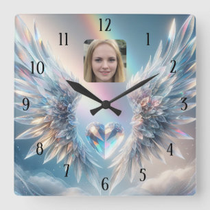 Relógio Quadrado Adicionar Photo Angel Wings Crystal Heart