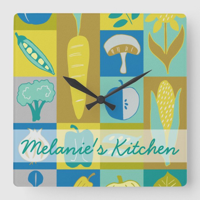 Relógio Quadrado Adicionar Seu Nome| Blocos de vegetais II (Frente)