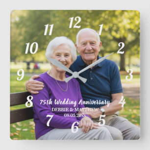 Relógio Quadrado Adicione Sua Própria Foto de Casal 75º Aniversário