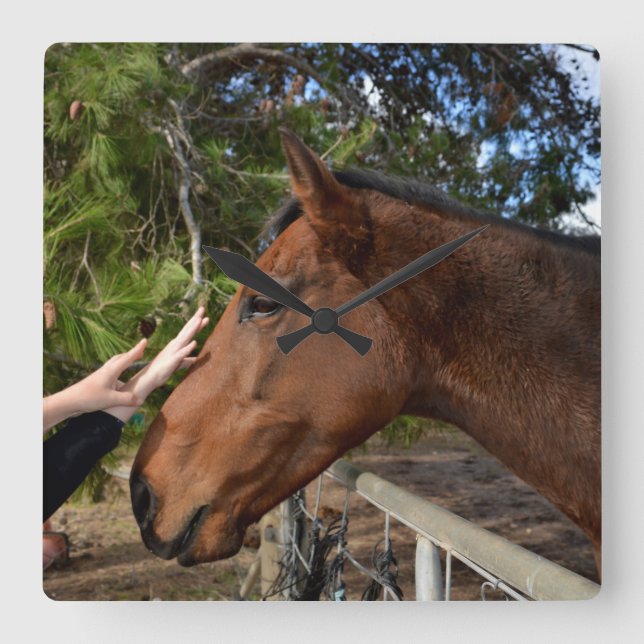Relógio Quadrado Adorando Um Cavalo Marrom Grande, (Frente)