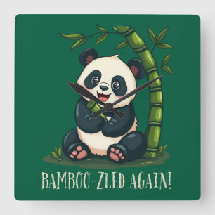 Relógio Quadrado Adorável Panda Hugging Bamboo - Cartoon Verde
