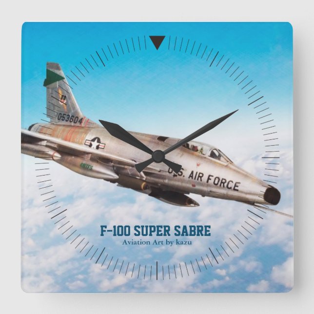 Relógio Quadrado Aeronáutica Art Wall Clock"F-100 Super Saber" (Frente)