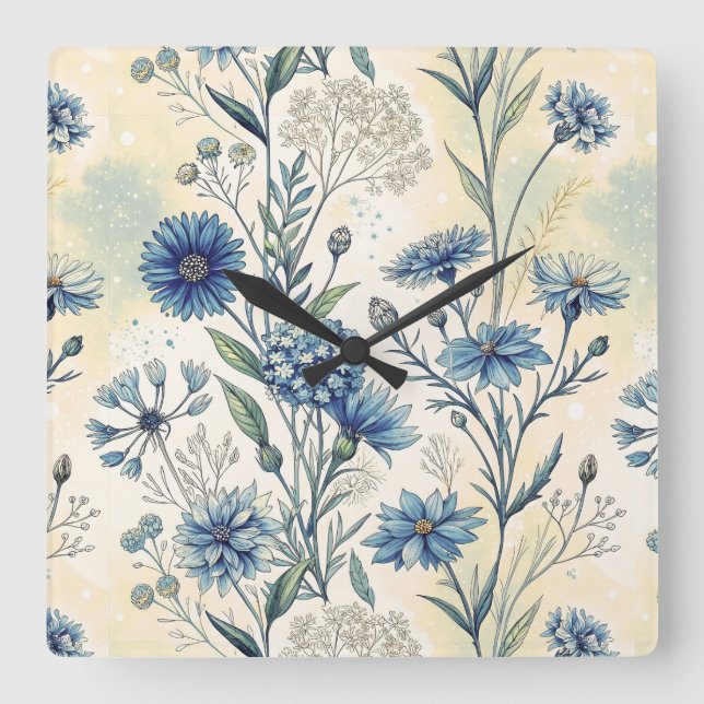 Relógio Quadrado Aesthetic Blue Wildflowers (Frente)
