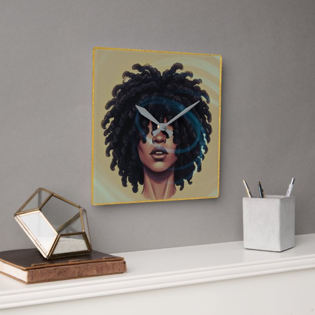 Relógio Quadrado Afro Glow Wall Clock – Modern Black Art (Escritório)