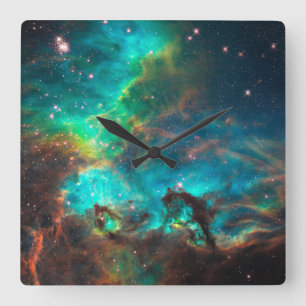 Relógio Quadrado Aglomerado Estelar Celeste Verde Aqua