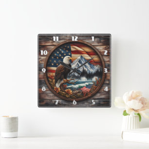 Relógio Quadrado Águia Americana Empoleirada perto da paisagem mont