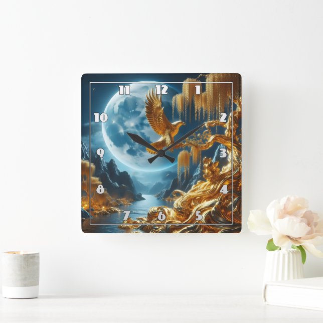 Relógio Quadrado Águia em uma ramificação à luz da lua (Lar)