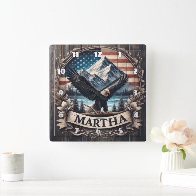 Relógio Quadrado Águia Espalhando Asas por Montanhas (Lar)