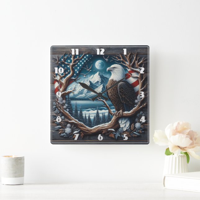 Relógio Quadrado Águia Majestosa Empoleirada em árvore com bandeira (Lar)