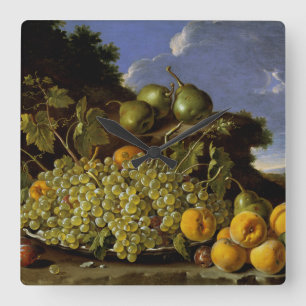 Relógio Quadrado Ainda vida com a placa das uvas, pêssegos, peras