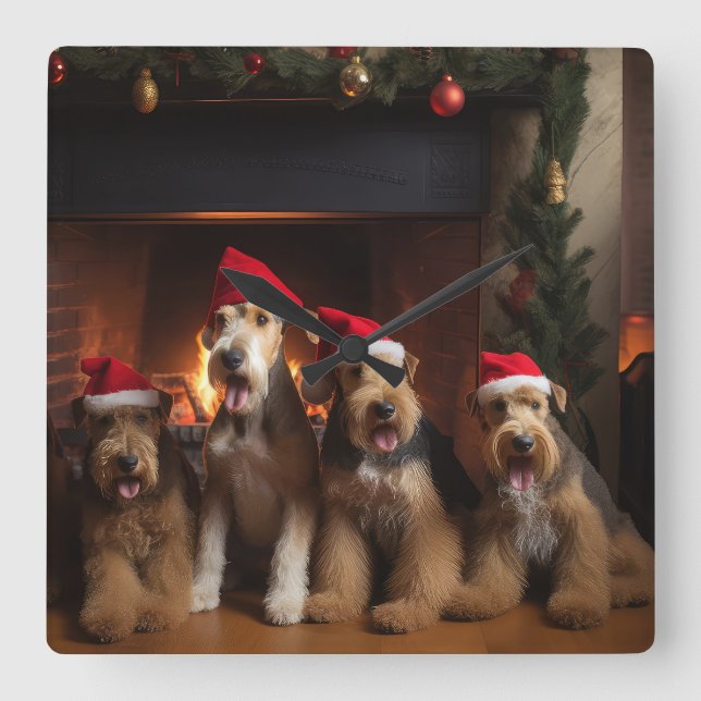 Relógio Quadrado Airedale pelo Natal da Lareira (Frente)
