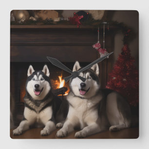 Relógio Quadrado Alaskan Malamute na Lareira de Natal