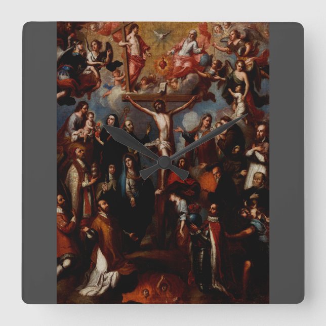 Relógio Quadrado Alegoria da Crucificação com Santos Jesuítas  (Frente)