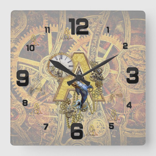 Relógio Quadrado Alfabeto, Monograma A (Frente)