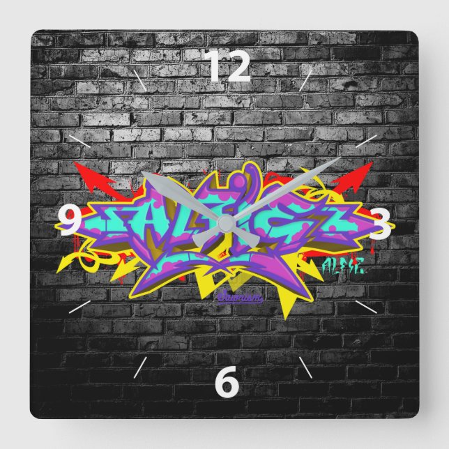 Relógio Quadrado Alfie em grafite com tijolos para cinza (Frente)