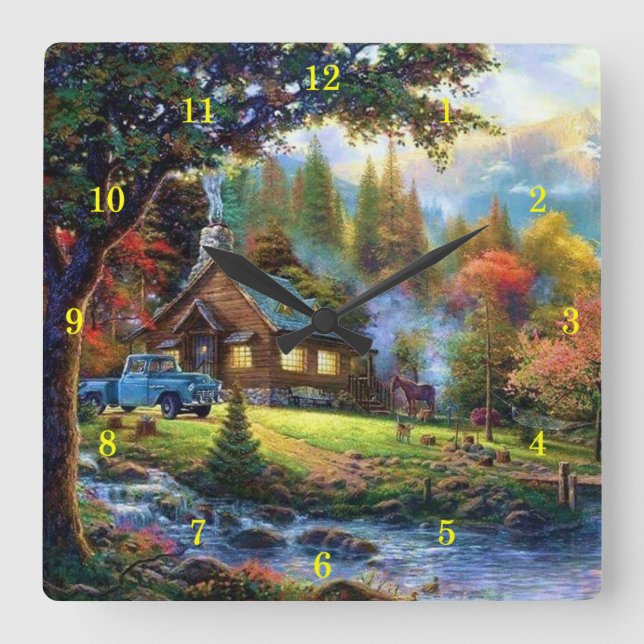 Relógio Quadrado Algodão de Montanha Bonito (Frente)
