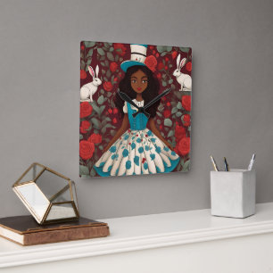 Relógio Quadrado Alice Negra na Terra das Maravilhas