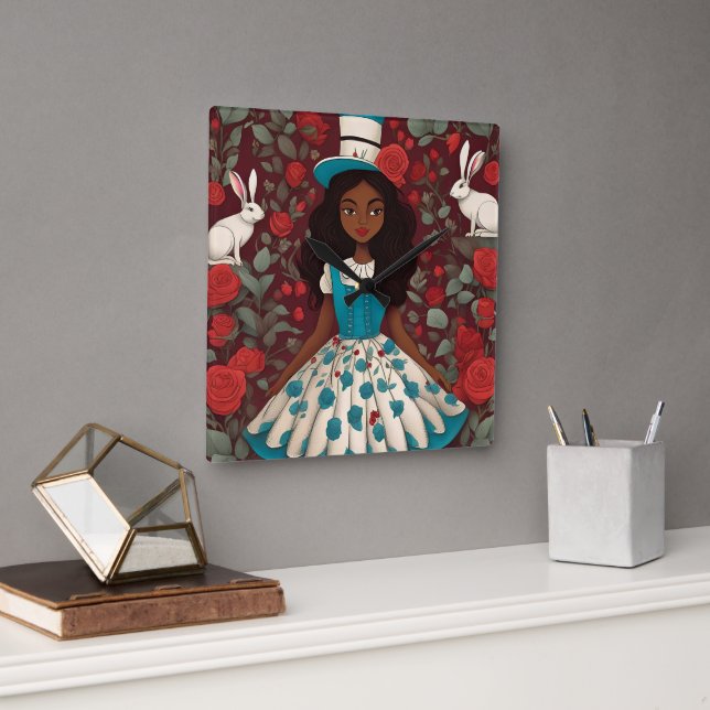 Relógio Quadrado Alice Negra na Terra das Maravilhas (Escritório)