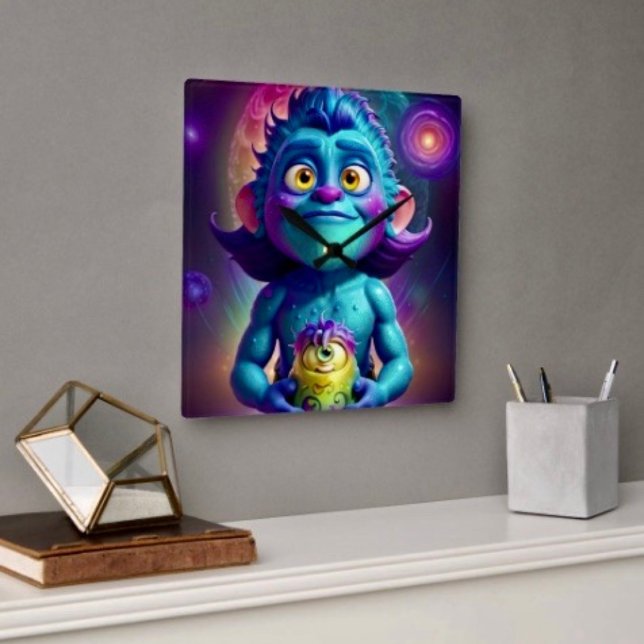 Relógio Quadrado Alienígena Espacial & Amigo (Wall Clock backside hanging slot  non-ticking design. 2 sizes: 8" diameter or 10.75" diameter.
)