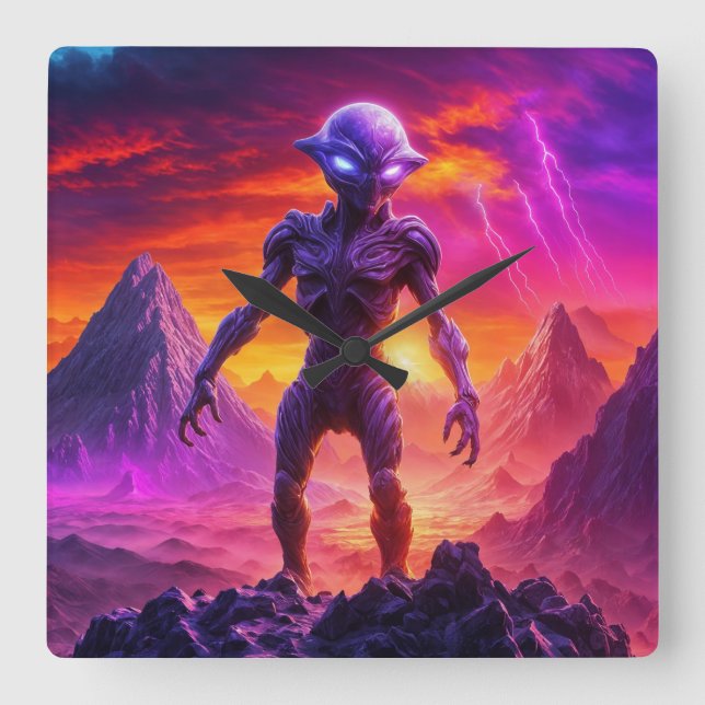Relógio Quadrado Alienígena roxa (Frente)
