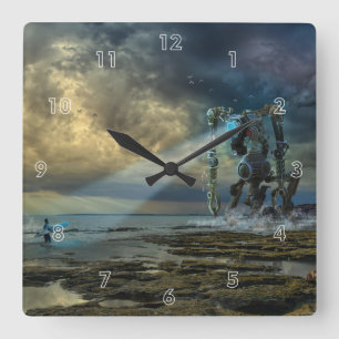 Relógio Quadrado Alienígena visitando a Terra encontra-se surfista