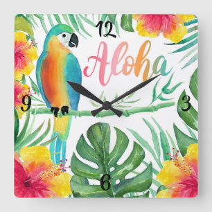 Relógio Quadrado Aloha Tropical Parrot Hibiscus Palm Square Wall Cl