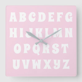 Relógio Quadrado Alphabet Abc padrão cor-de-rosa infantil branco qu
