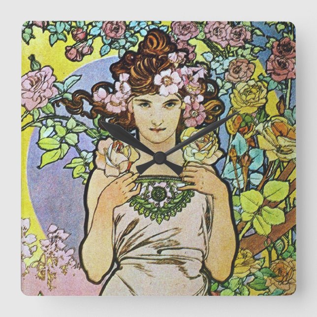 Relógio Quadrado Alphonse Mucha Art Nouveau (Frente)