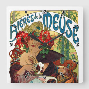 Relógio Quadrado Alphonse Mucha Bieres De La Meuse
