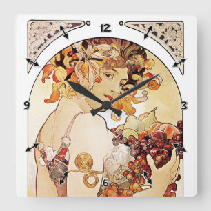 Relógio Quadrado Alphonse Mucha Lady Com Fruta