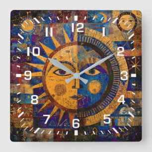 Relógio Quadrado Alquimia Mística Celestial Sol Lua