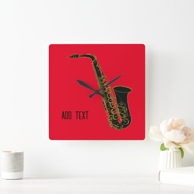 Relógio Quadrado Alto Saxofone em Red Personalizable (Lar)