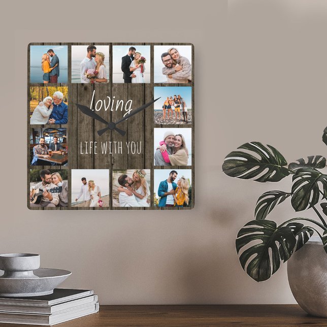 Relógio Quadrado Amando a vida com você Cite 12 Foto de Madeira (Wood effect clock with 12 photos - lettered with "loving life with you")