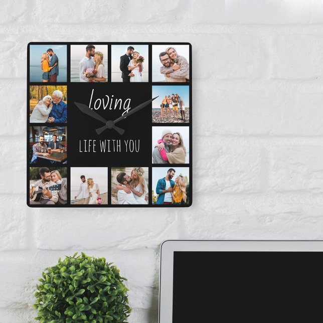 Relógio Quadrado Amando a vida com você Cite 12 Foto Preta (Photo Clock - perfect for wedding anniversary, newlyweds and happy families)
