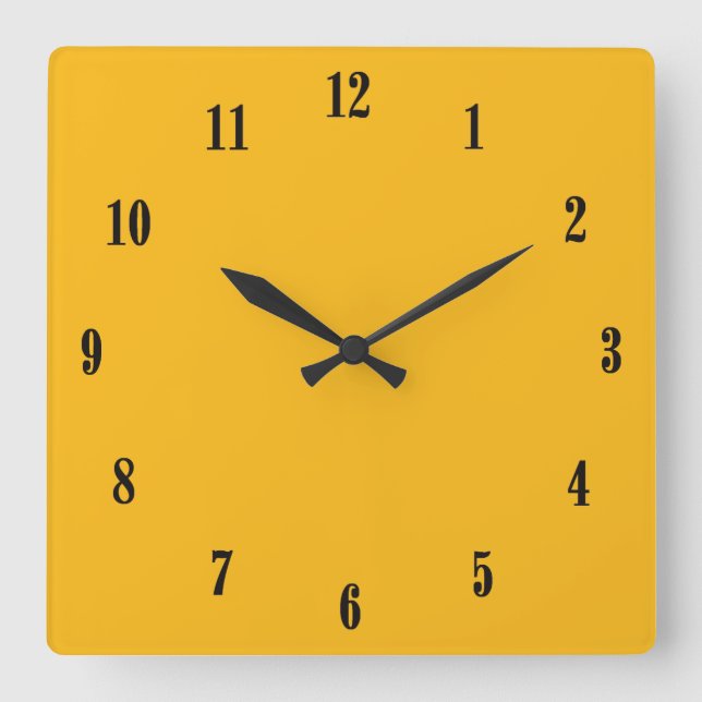 Relógio Quadrado Amarelo Saffron Sólido / Dourado com Números Preto (Frente)